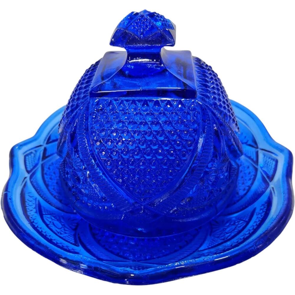 Cobalt Blue Depression Glass Covered Cheese Dome Butter 2 Piece Dish Beautiful!!